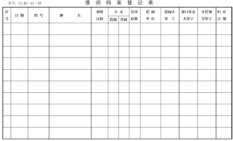 公司档案借阅登记表范本二